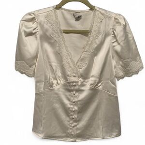 Joie Ivory Lace Trim Button Down Satin Short Sleeve Blouse Size Small